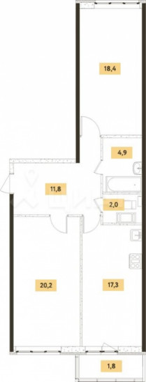 Двухкомнатная квартира 74.4 м²